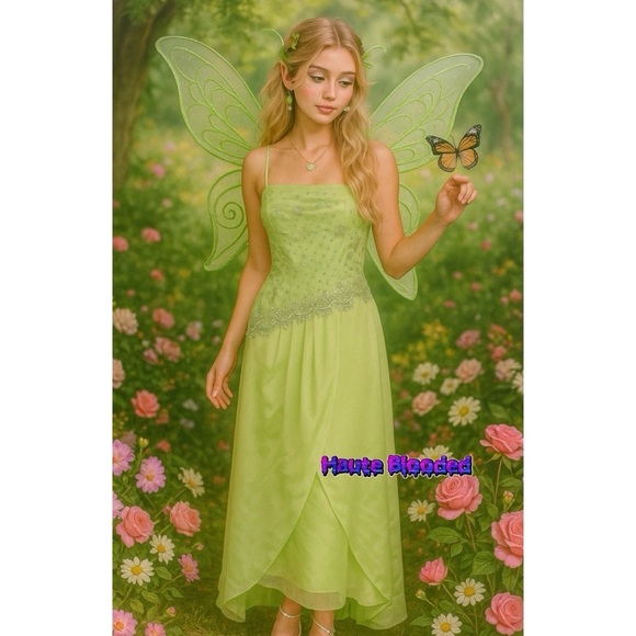 Masquerade Dress Vintage y2k Lime Green Fairy Mesh Glitter Gown Princess Pixie - Picture 1 of 16